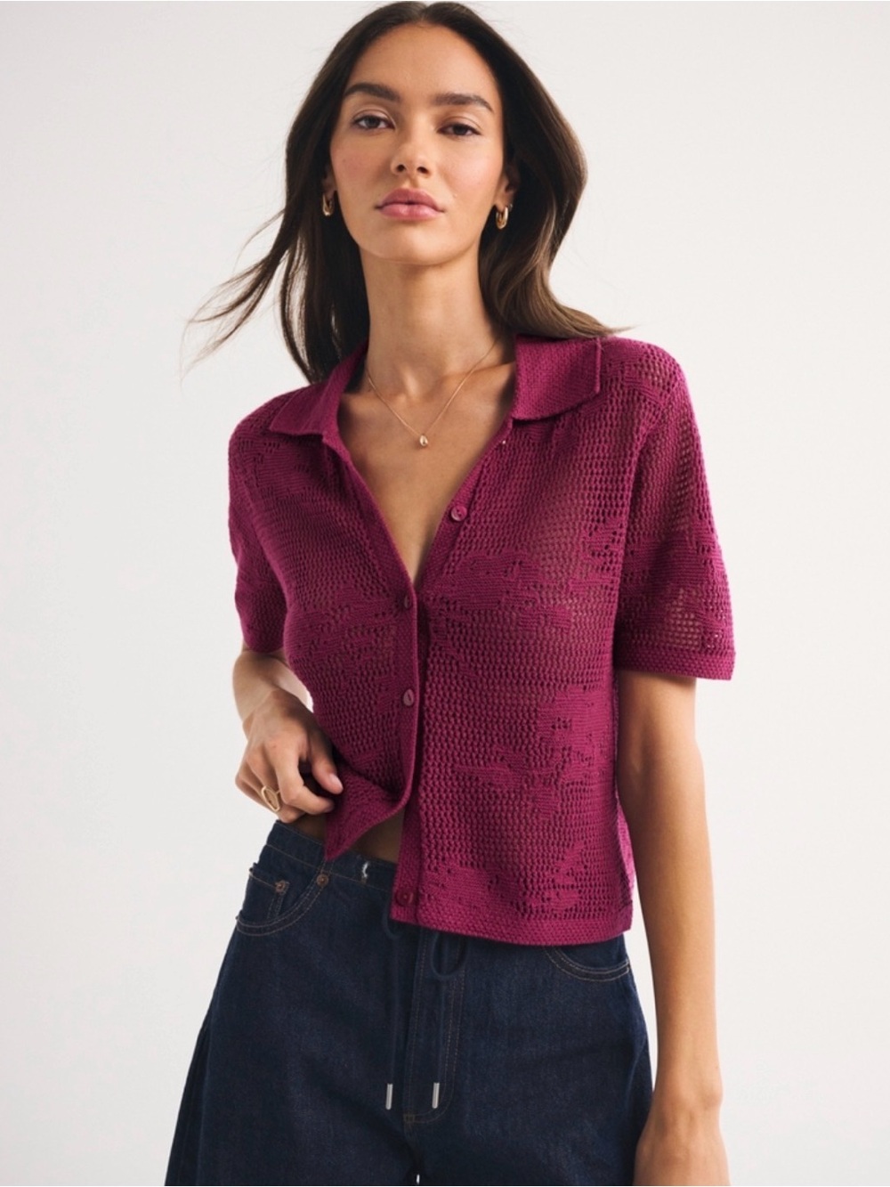 Abercrombie Floral Crochet Polo Top